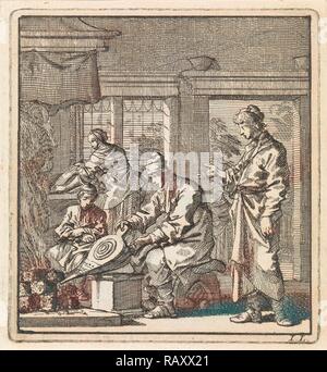 Homme stokes le feu avec un soufflet, Jan Luyken, mer. Arentsz & Pieter Cornelis van der Sys (II), 1711. Repensé Banque D'Images
