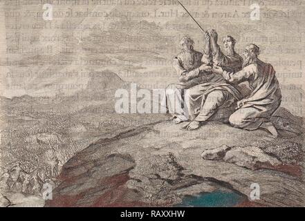 Aaron et Hur les mains de Moïse la béquille au cours de la lutte du peuple d'Israël contre les Amalécites, Jan Luyken repensé Banque D'Images
