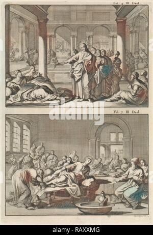 Le Christ et ses disciples à l'établissement de bains de Siloé et le Christ comme l'invité de Simon le pharisien, Jan Luyken, Willem repensé Banque D'Images