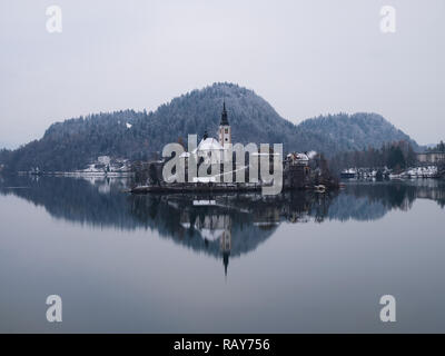 Gris d'hiver moody le lac de Bled tourné, avec la réflexion de l'église de pèlerinage de l'assomption de Maria recouvert de neige avec presque pas de dominante de couleur Banque D'Images