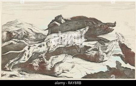 Les chiens chassent un sanglier, William Young Ottley, Peeter Boel, 1828. Repensé par Gibon. L'art classique avec une touche moderne repensé Banque D'Images