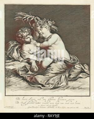 Deux enfants jouant : le printemps et l'automne, imprimer bouilloire : Hendrik Bary, Anthony Van Dyck, Gérard Valck, 1694 - 1715 repensé Banque D'Images