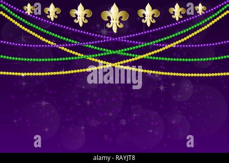 Magnifique motif horizontal jaune, vert, violet perles sur une nuit sombre arrière-plan avec des éclairs de lumière. Parti Mardi Gras. Illustration de Vecteur
