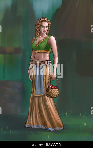 Concept Art Fantasy Illustration de belle jeune femme blonde ou Village villageois ou Paysanne Banque D'Images