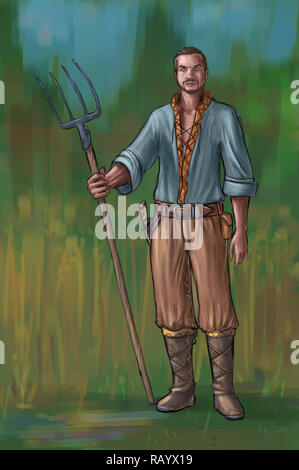 Concept Art Illustration Fantasy de jeunes villageois, Countryman, agriculteur ou homme Village avec une fourchette Banque D'Images