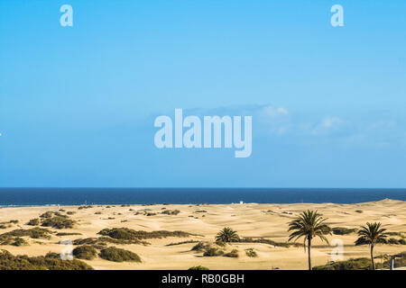 Vue sur les Dunes de Maspalomas et de la plage de Maspalomas avec océan dans l'arrière-plan sur une claire journée d'été (Canaries, Gran Canaria, Espagne) Banque D'Images