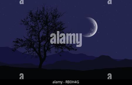 Illustration réaliste d'un paysage de montagne de nuit avec un arbre à feuilles caduques et d'une colline, sous un ciel mauve avec des étoiles et un croissant de lune - vector Illustration de Vecteur