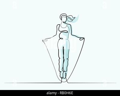Ligne continue de diverses largeurs de dessin. Heureux sautant femme. Vector illustration Illustration de Vecteur