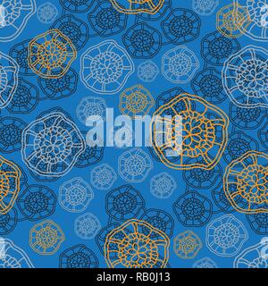 Lace-Flowers fleur en fleur Fond transparent de répétition en bleu, jaune, gris et noir. Dentelle moderne. Schéma de surface, parfait pour le tissu, Album, papier peint. Illustration de Vecteur