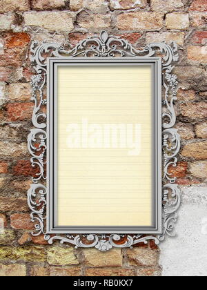 Blanc Argent photo cadre baroque sur weathered brick wall background Banque D'Images