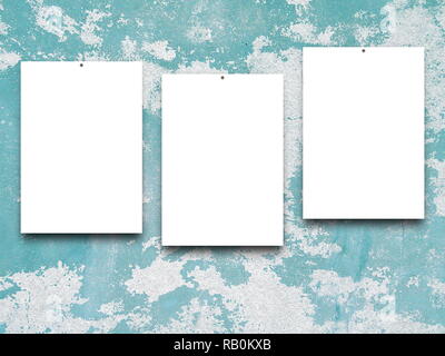 Trois images vierges sur aqua et blanc rayé fond mur de béton Banque D'Images