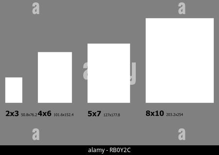 Exemple dimensions de tailles de papier photo. Banque D'Images