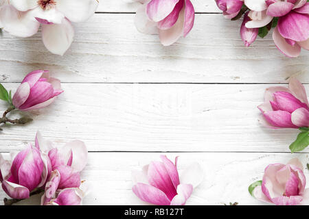 Mise en page créative faite avec des fleurs de magnolia rose sur fond de bois blanc. Télévision lay. Vue de dessus du châssis. organisation mariage printemps concept minimal. Banque D'Images