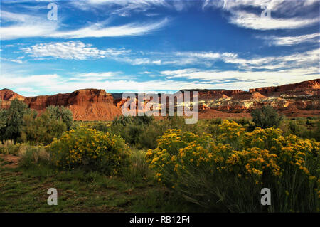 Pinceau Sage, ciel bleu et rouge falaises rocheuses du sud de l'Utah. Banque D'Images