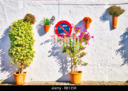 Mur Blanc avec des pots et un panneau routier de Vejer de la Frontera, Espagne Banque D'Images