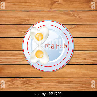 Bonne journée de la femme l'illustration avec le numéro en forme de huit coeur omelette sur la plaque avec lettrage ketchup isolé sur planches en bois rustique zone de table Banque D'Images