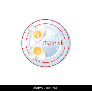 Bonne journée de la femme, clip art illustration avec le numéro en forme de huit sur la plaque avec omelette coeur lettrage ketchup isolé sur fond blanc. Festi Banque D'Images