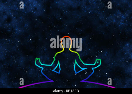 Yoga féminin figure à l'univers historique, caressa par ligne blured colorés, la méditation. Banque D'Images