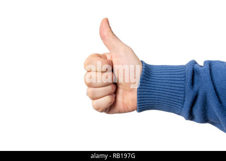 Côté masculin avec Thumbs up sign, isolé sur fond blanc. Banque D'Images