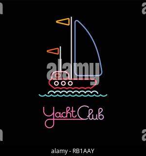 Les couleurs néon sur fond noir symbole vecteur Yacht Club. Le voilier navigue sur les vagues. Illustration de Vecteur