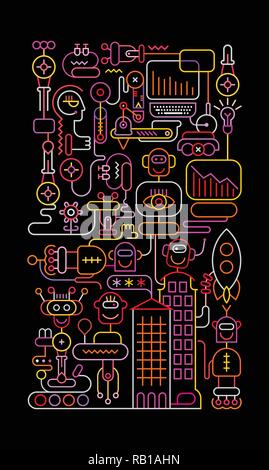 Couleur néon sur fond noir Robots vector illustration. Illustration de Vecteur