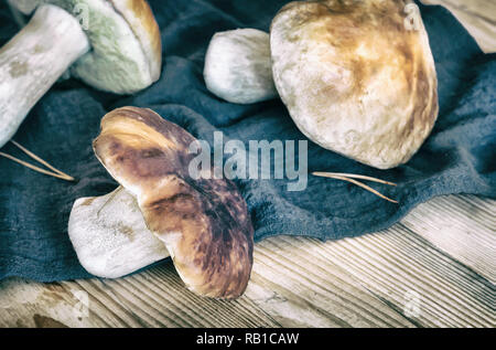 Bolets champignons sur la table sur une serviette. Banque D'Images
