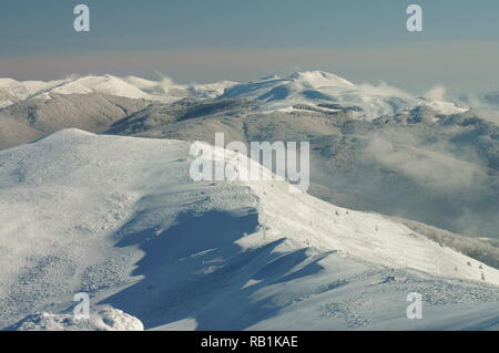 Belles prairies de montagne en hiver. Le Parc National de Bieszczady. Polonina Carynska et Tarnica. Banque D'Images