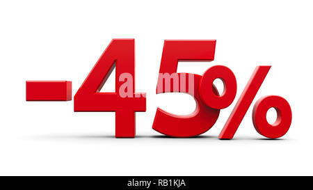 Quarante-cinq pour cent moins rouge signe isolé sur fond blanc, le rendu en trois dimensions, 3D illustration Banque D'Images