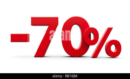 Soixante-dix pour cent moins rouge signe isolé sur fond blanc, le rendu en trois dimensions, 3D illustration Banque D'Images