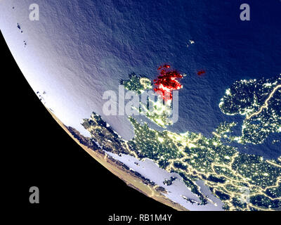 Vue de l'orbite de l'Écosse dans la nuit avec des lumières de la ville. Surface de la planète en plastique très détaillé. 3D illustration. Éléments de cette image fournie par NA Banque D'Images