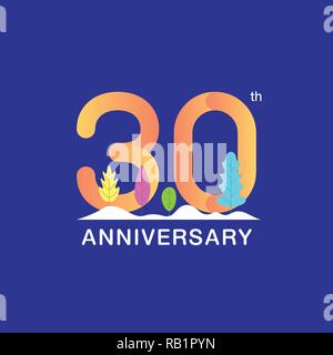 30 ans anniversaire logotype. Nombre multicolore avec feuille moderne et la neige fond. Pour la conception de brochure, dépliant, brochure, magazine, po Illustration de Vecteur