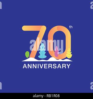 70 ans anniversaire logotype. Nombre multicolore avec feuille moderne et la neige fond. Pour la conception de brochure, dépliant, brochure, magazine, po Illustration de Vecteur