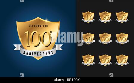 Ensemble d'anniversaire badges. Célébration de l'anniversaire de la conception de l'emblème d'or de profil d'entreprise, brochure, dépliant, affiche, brochure, magazine, web invitat Illustration de Vecteur