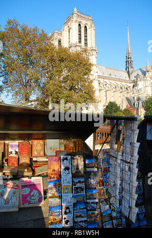 Marché du livre de seconde main sur le quai de Seine à proximité de la cathédrale Notre Dame de Paris Banque D'Images