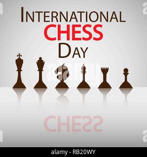 Journée international des échecs carte de félicitations pièces des échecs avec réflexion. Vector illustration Illustration de Vecteur