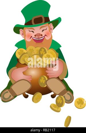 A St Patricks day leprechaun et un pot de pièces d'or. En vert nain vêtements et pièces d'or de la chaudière. Vector illustration design Illustration de Vecteur