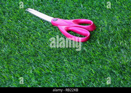 Scissor rouge sur fond d'herbe artificielle Banque D'Images