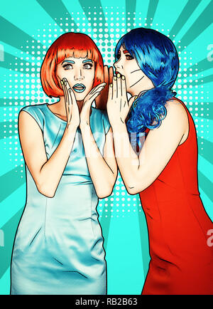 Portrait de jeunes femmes en comic pop art style de maquillage. Choqué les femmes dans le rouge et le bleu des perruques et robes. Banque D'Images