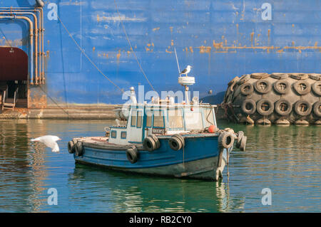 Petit bateau de pêche, les goélands, Walvis Bay, en Namibie Banque D'Images