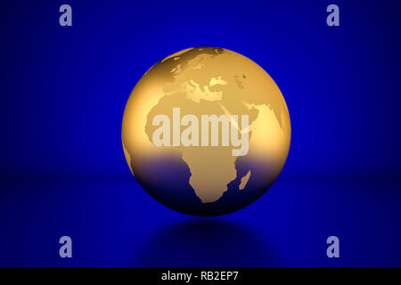 3D render : Golden globe montrant l'Afrique en face de fond bleu Banque D'Images