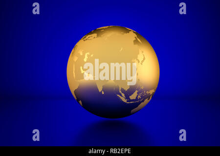 3D render : Golden globe montrant l'Asie en avant du fond bleu Banque D'Images