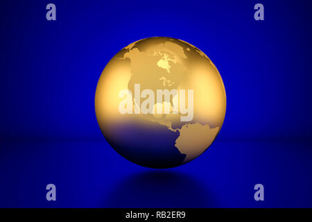 3D render : Golden globe montrant l'Amérique du Nord en face de fond bleu Banque D'Images