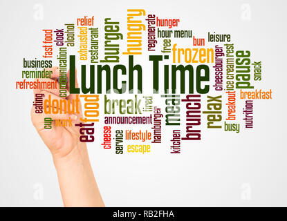 L'heure du déjeuner nuage de mots et part avec le concept sur fond blanc. Banque D'Images