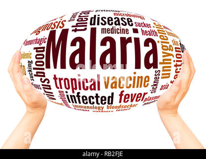 Le paludisme nuage de mots main concept de sphère sur fond blanc. Banque D'Images