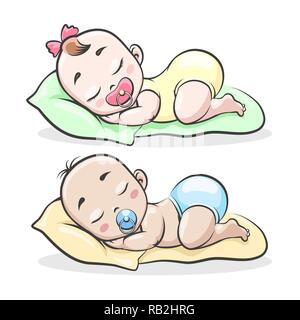 Cartoon bébé endormi. Garçon et fille nouveau-nés tout-petits mignons, illustration vectorielle, isolé sur fond blanc Illustration de Vecteur