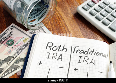 Roth IRA vs IRA traditionnel écrit dans le bloc-notes. Banque D'Images