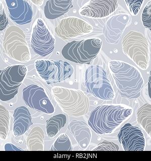 Hand Drawn Seamless Blues Pastel et motif de ligne Perles d'Huîtres Illustration de Vecteur