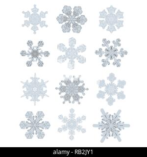 Collection de flocons isolés extrêmement détaillées. Aussi bien dans la nature des conceptions bleu et gris Illustration de Vecteur