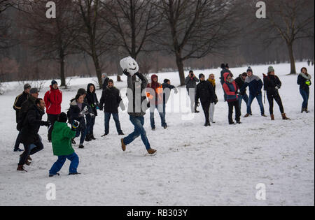 Munich, Allemagne. 06 Jan, 2019. Plusieurs dizaines de personnes sont engagées dans une bataille de boules de neige dans le jardin anglais. Photo : Lino Mirgeler/dpa dpa : Crédit photo alliance/Alamy Live News Banque D'Images