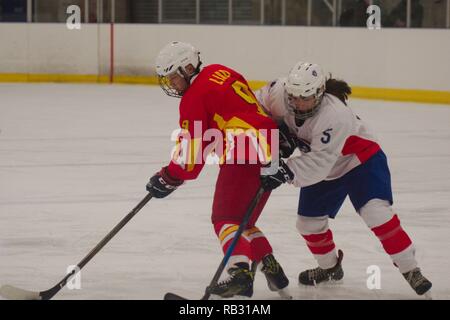 Dumfries, Royaume-Uni. 6 janvier 2019. Liao Zifei de Chine et Eloise jure de la France luttant pour la rondelle pendant leur correspondance dans le Hockey sur glace 2019 U18 Women's World Championship, Division 1, Groupe B de Dumfries bol de glace. Crédit : Colin Edwards/Alamy Live News. Banque D'Images